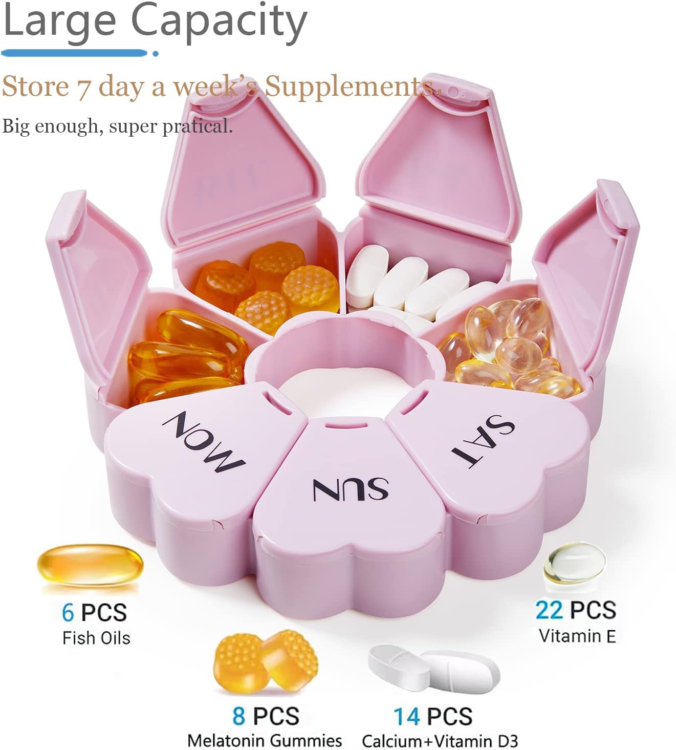 MOLN HYMY Large Weekly Pill Organizer, Girly Pill Box 7 Day, Purple Pink Daily Vitamin Holder for Fish Oil/Medicine/Supplements - Image 4