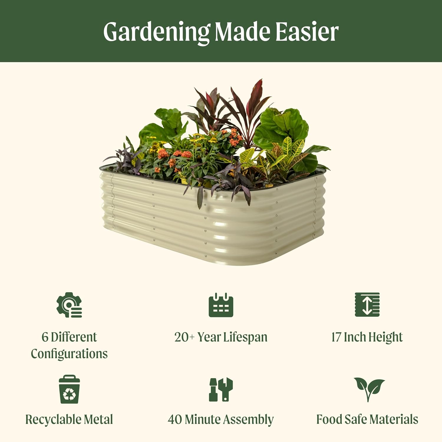 Vego garden Raised Garden Bed Kits, 17" Tall 6 in 1 Modular Metal Raised Planter Bed for Vegetables Flowers Patio Ground Planter Box-Olive Green - Image 2