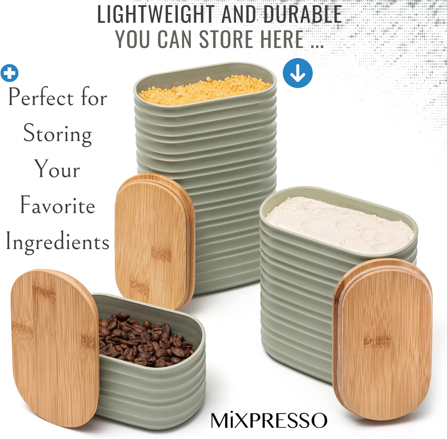 Mixpresso Olive Green Canisters Sets for the Kitchen – 3-Piece Airtight Plastic Sugar Container Set with Bamboo Lids in Three Different Sizes – Decorative Modern Storage Jars for Coffee &Tea - Image 3