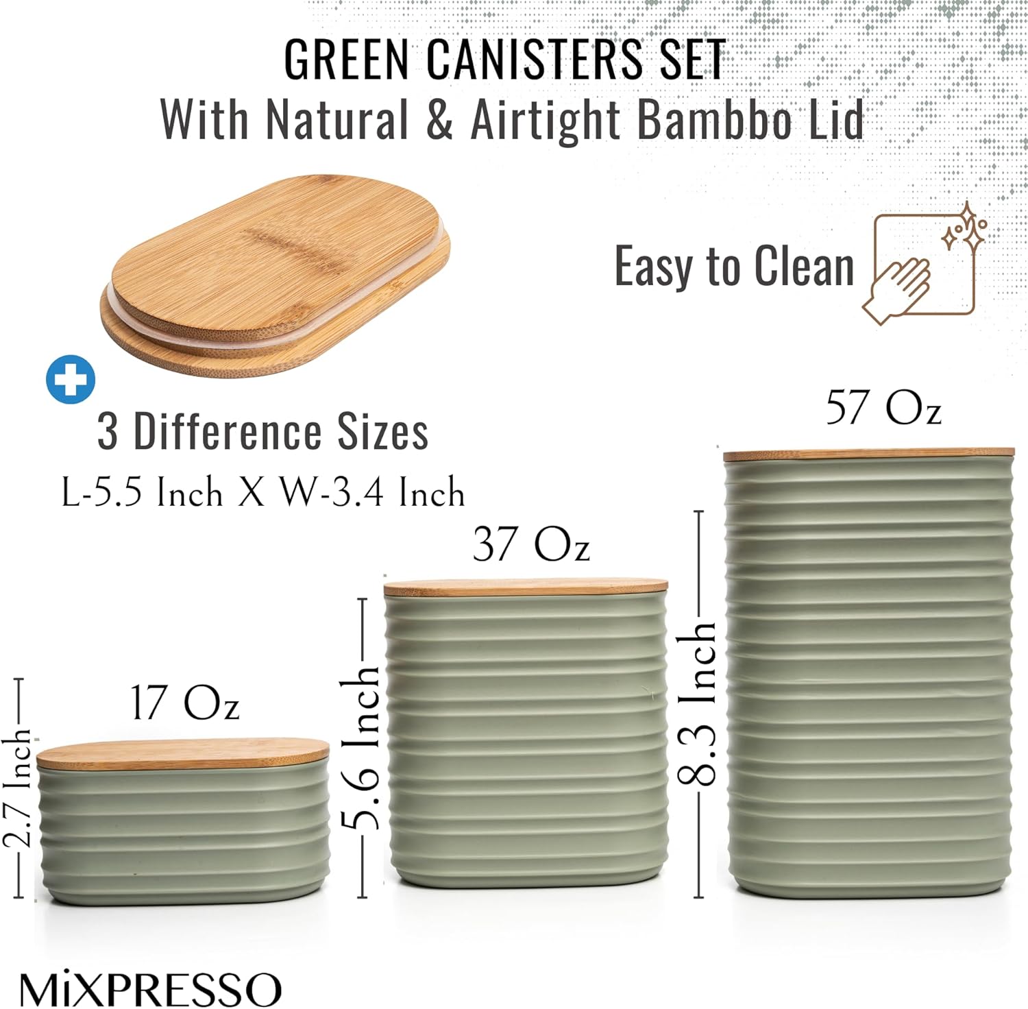 Mixpresso Olive Green Canisters Sets for the Kitchen – 3-Piece Airtight Plastic Sugar Container Set with Bamboo Lids in Three Different Sizes – Decorative Modern Storage Jars for Coffee &Tea - Image 2