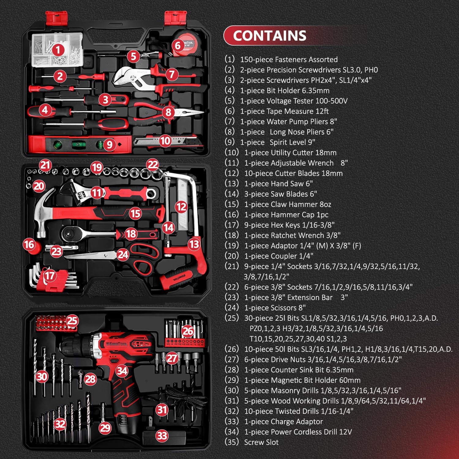 KingTool 276-Piece Tool Set Kit - Tool kit with 12V Cordless Power Drill Driver Toolbox Storage Case with Drawer, Drill Set Perfect for Homeowner, Diyer, Handyman, Fathers Day Gift - Image 3