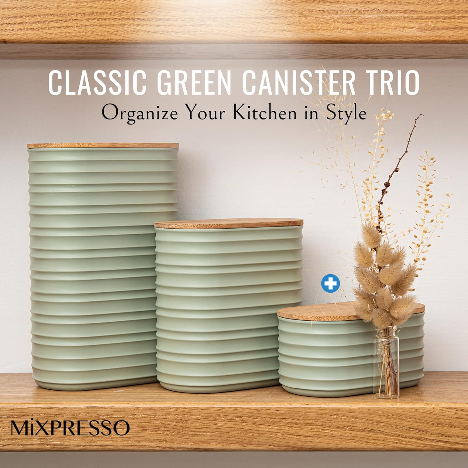 Mixpresso Olive Green Canisters Sets for the Kitchen – 3-Piece Airtight Plastic Sugar Container Set with Bamboo Lids in Three Different Sizes – Decorative Modern Storage Jars for Coffee &Tea - Image 5