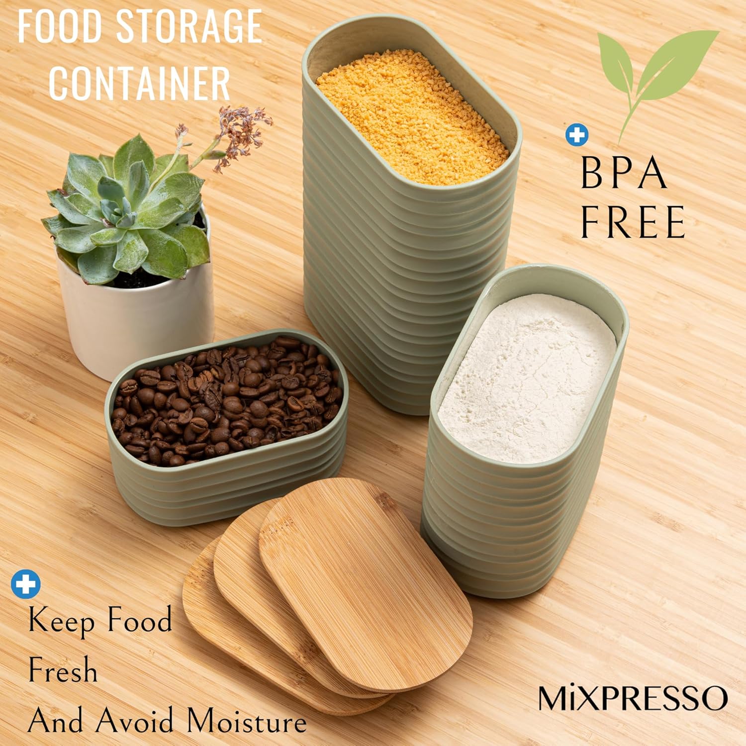 Mixpresso Olive Green Canisters Sets for the Kitchen – 3-Piece Airtight Plastic Sugar Container Set with Bamboo Lids in Three Different Sizes – Decorative Modern Storage Jars for Coffee &Tea - Image 4