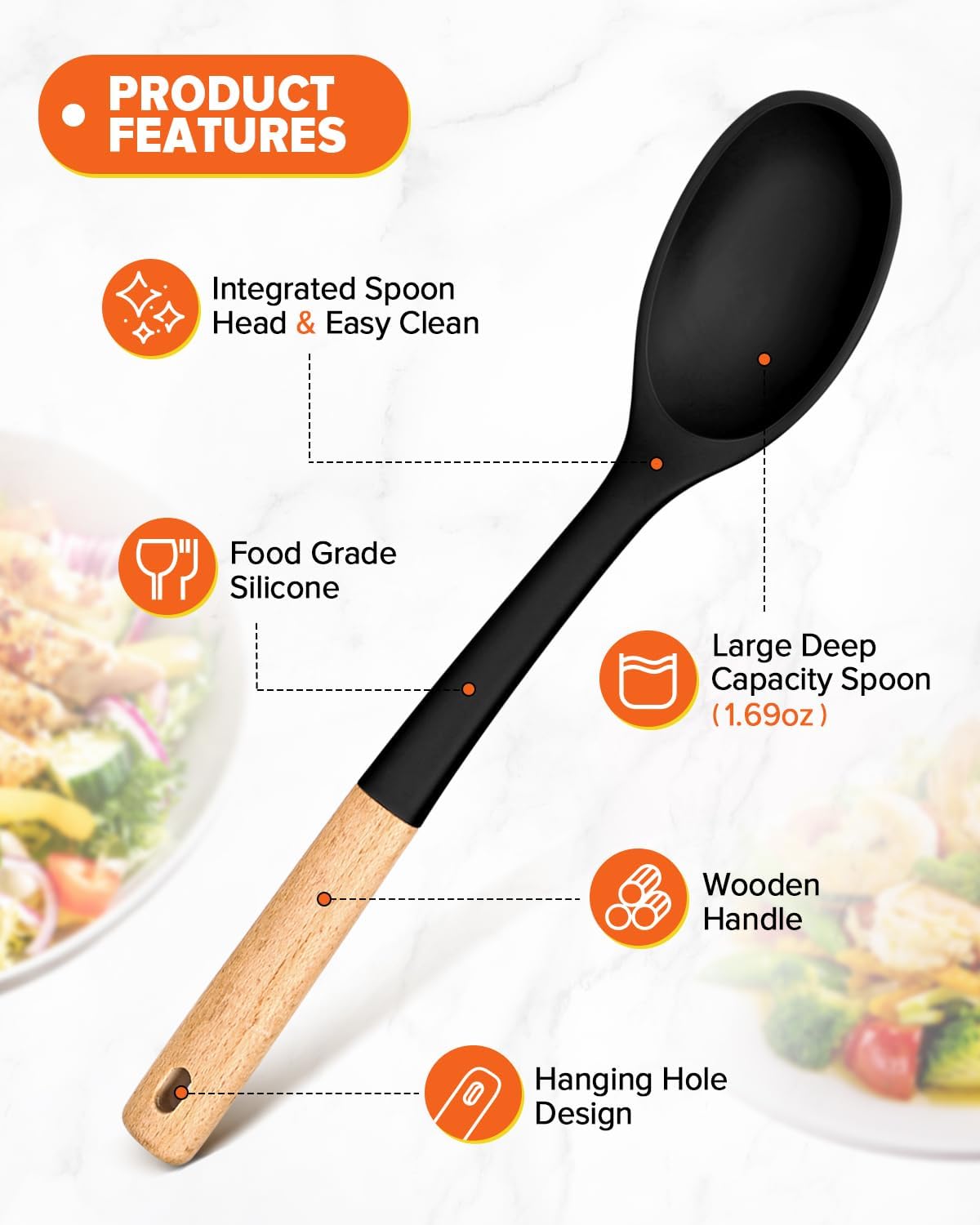 Silicone Cooking Spoons, Great for Scooping Sides and Serving Hearty Stews, BPA-Free Matte Silicone, Wooden Handle Serving Spoon for Nonstick Cooking Surfaces (Black) - Image 4