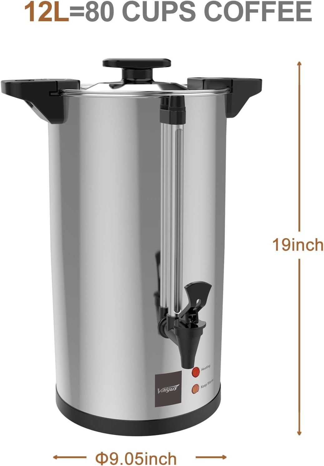 Valgus12L Electric Commercial Percolate Coffee Urn, 80 Cup | 304 stainless steel tank,reusable filter no paper needed,boil dry protection,for catering wedding church office buffet - Image 2