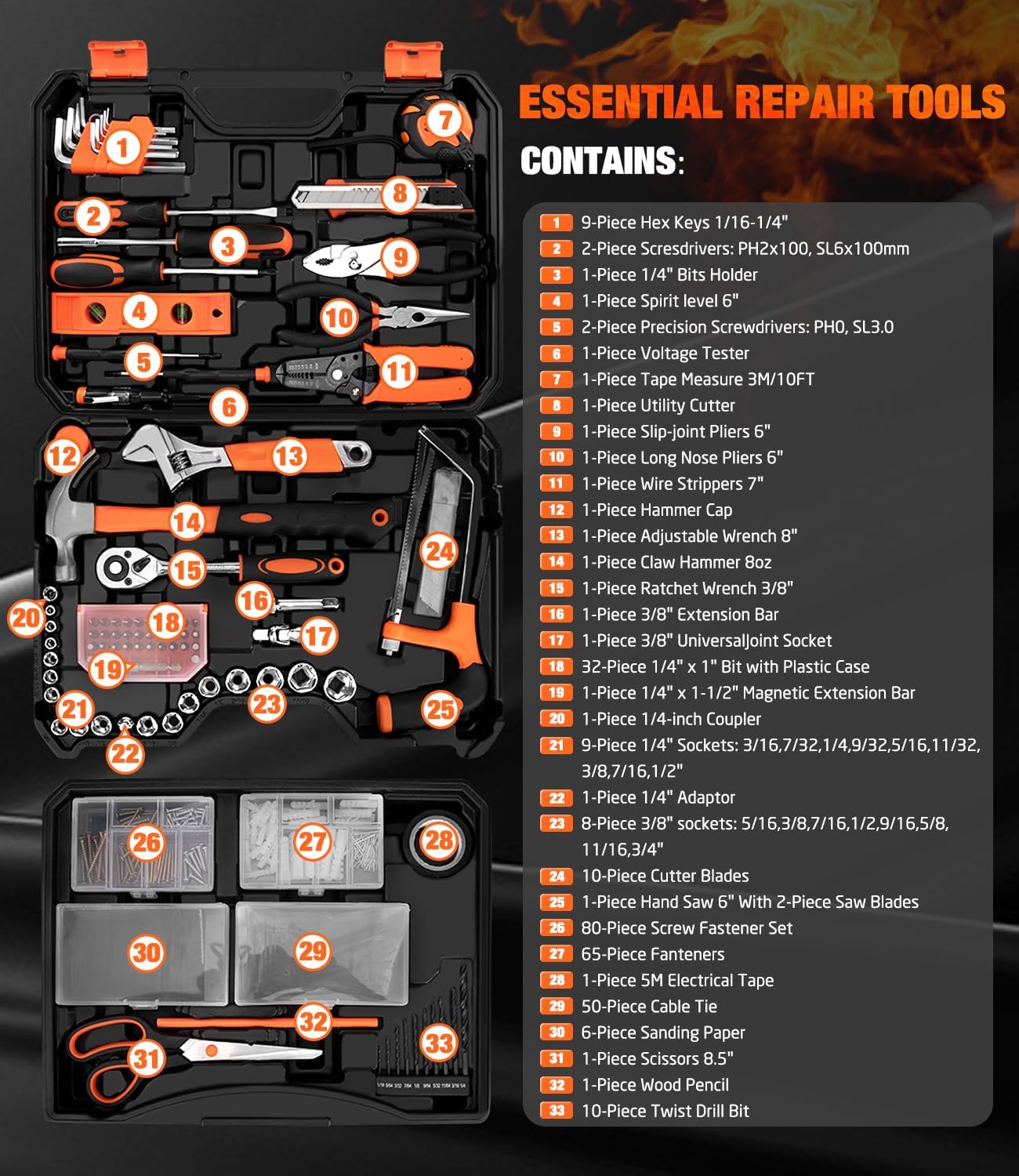 328 Pieces Home Tool Kit & Storage Case - General Household Hand Tool Set with Detachable Drawer for Easy Organization, Perfect for DIY Repairs, Home Maintenance - Image 2