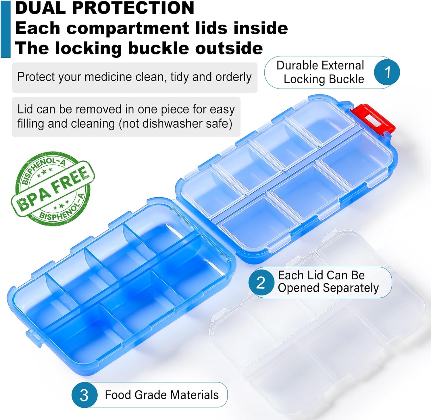14 GRIDS Travel Pill Organizer Box with Labels - Travel Medicine Case Kit - Pocket Daily Pharmacy Container - Travel Medication Holder Dispenser for Fish Oil Vitamin Supplement Storage - Clear Blue - Image 6