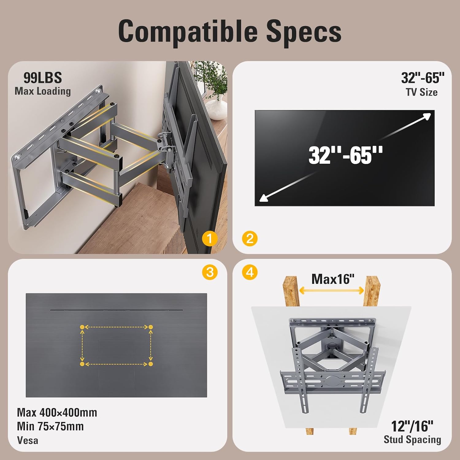 Mounting Dream Full Motion TV Wall Mount for 32-65 Inch TVs up to 132lbs | TV Mount with Swivel and Tilt, TV Bracket with Articulating Dual Arms, Fits 16inch Studs, Max VESA 400X400 mm, MD2581 - Image 7