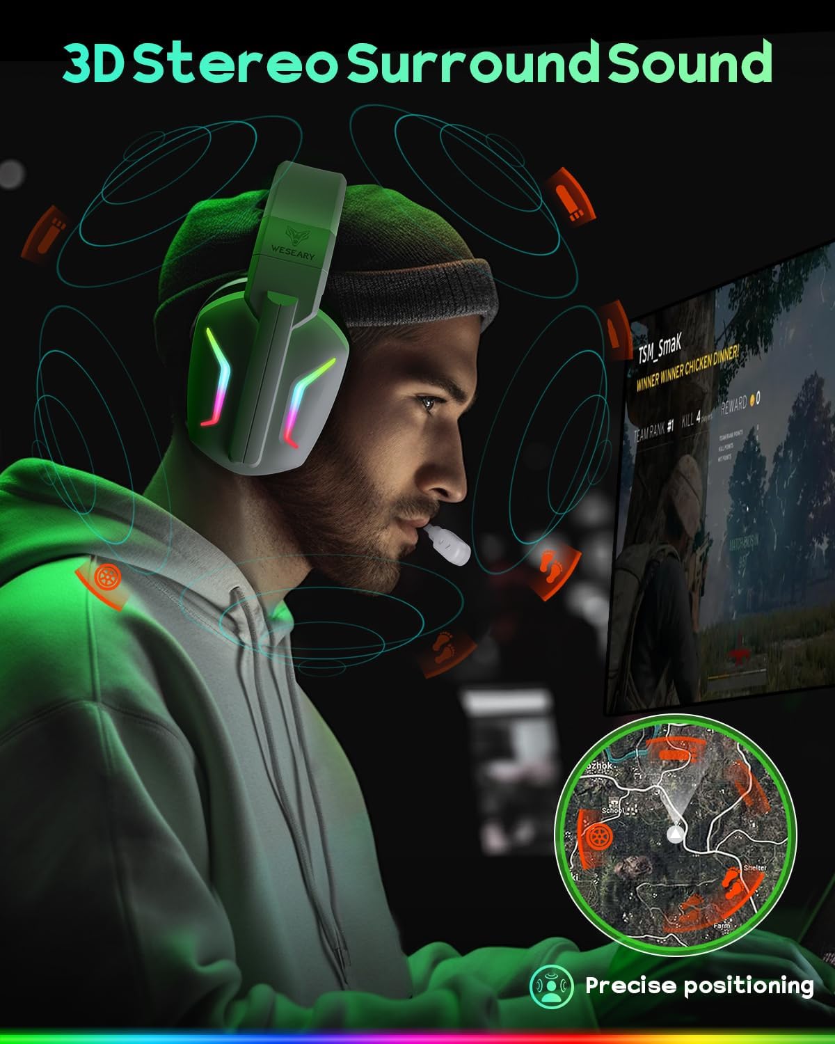 WESEARY Wireless Gaming Headset with Mic for Ps5, Ps4, PC| 3D Spatial Audio | 20ms Ultra-Low Latency, 2.4GHz Bluetooth 5.4 Gaming Headphones, 1200mAH Battery Life for FPS Gamers, White - Image 3