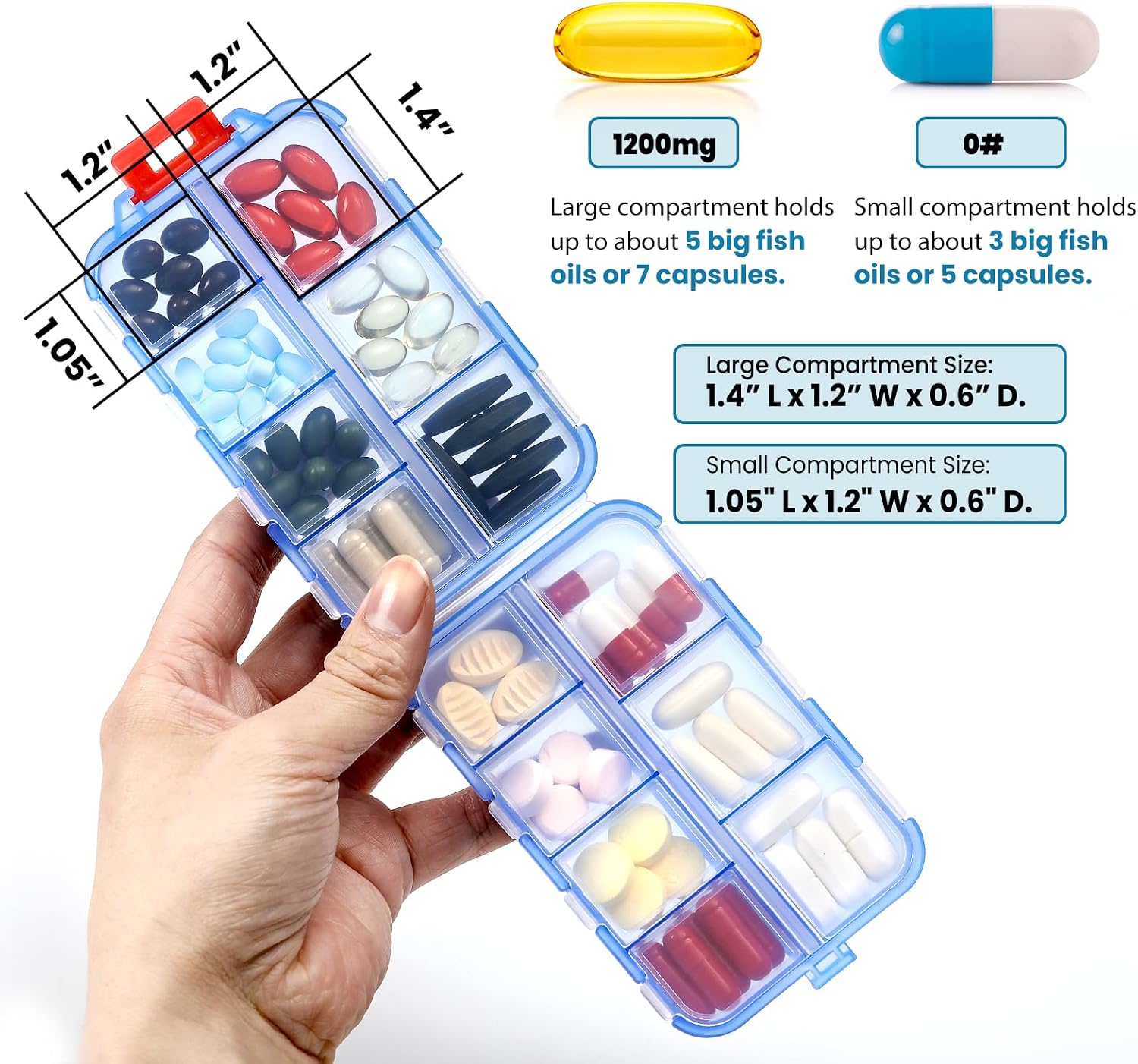 14 GRIDS Travel Pill Organizer Box with Labels - Travel Medicine Case Kit - Pocket Daily Pharmacy Container - Travel Medication Holder Dispenser for Fish Oil Vitamin Supplement Storage - Clear Blue - Image 2