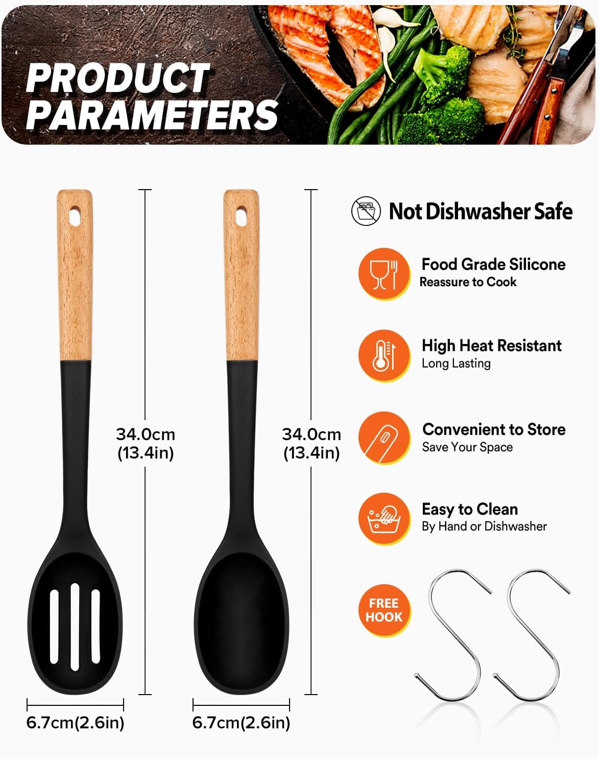 Silicone Cooking Spoons, Great for Scooping Sides and Serving Hearty Stews, BPA-Free Matte Silicone, Wooden Handle Serving Spoon for Nonstick Cooking Surfaces (Black) - Image 2