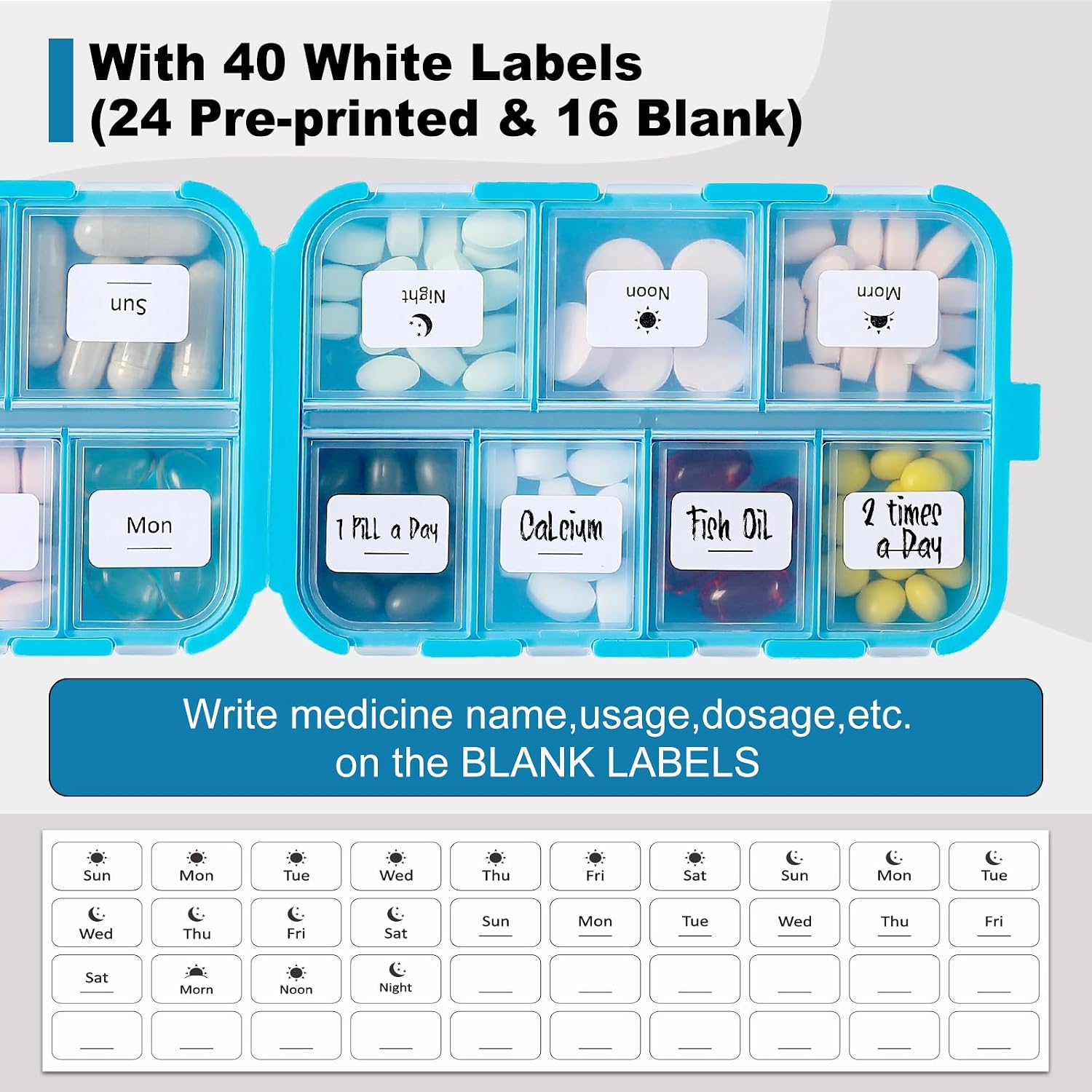 14 GRIDS Travel Pill Organizer Box with Labels - Travel Medicine Case Kit - Pocket Daily Pharmacy Container - Travel Medication Holder Dispenser for Fish Oil Vitamin Supplement Storage - Blue - Image 5