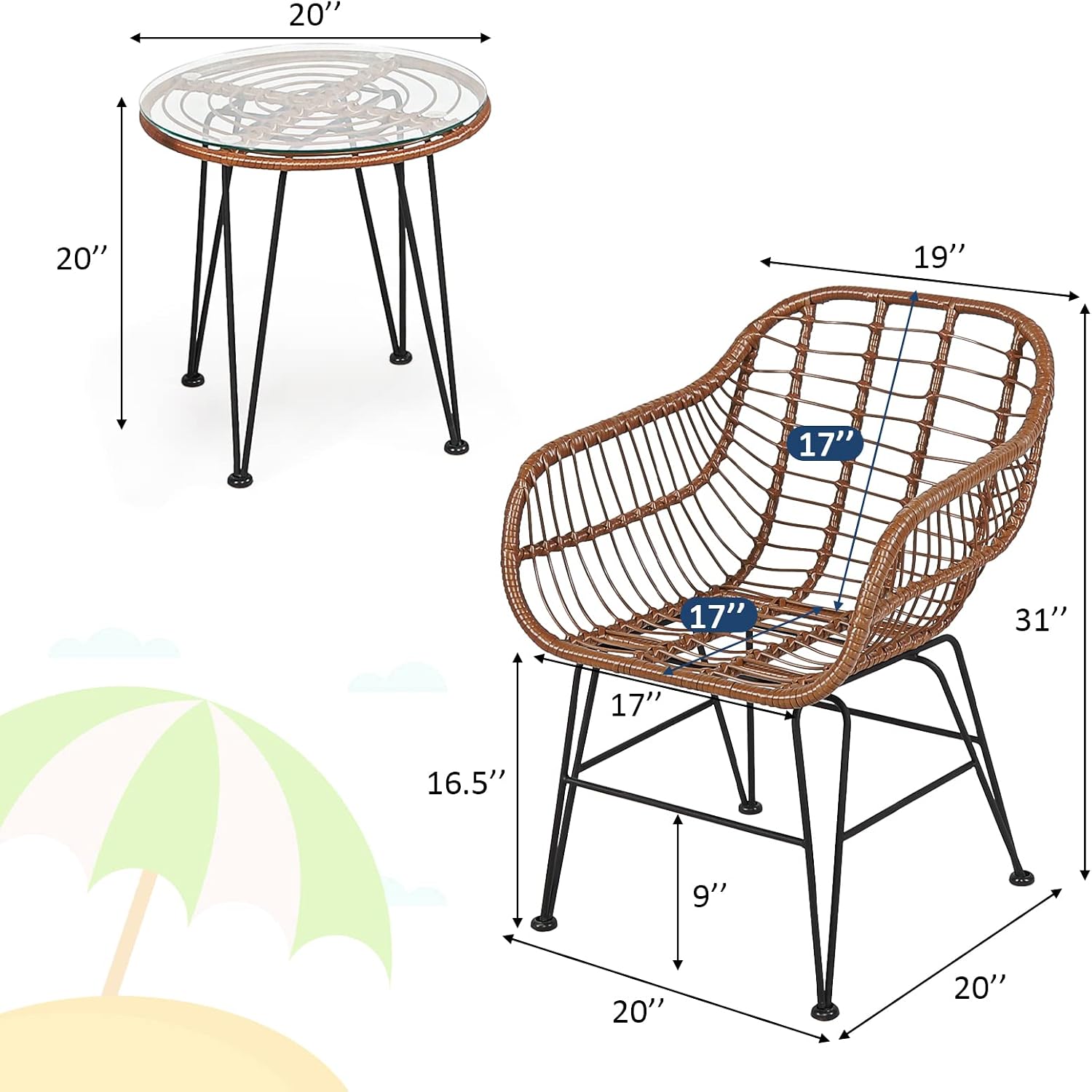 Tangkula 3 Pieces Patio Conversation Bistro Set, Outdoor Wicker Furniture w/Round Tempered Glass Top Table & 2 Rattan Armchairs, Bistro Chat Set w/Seat Cushions for Porch, Backyard, Garden - Image 5