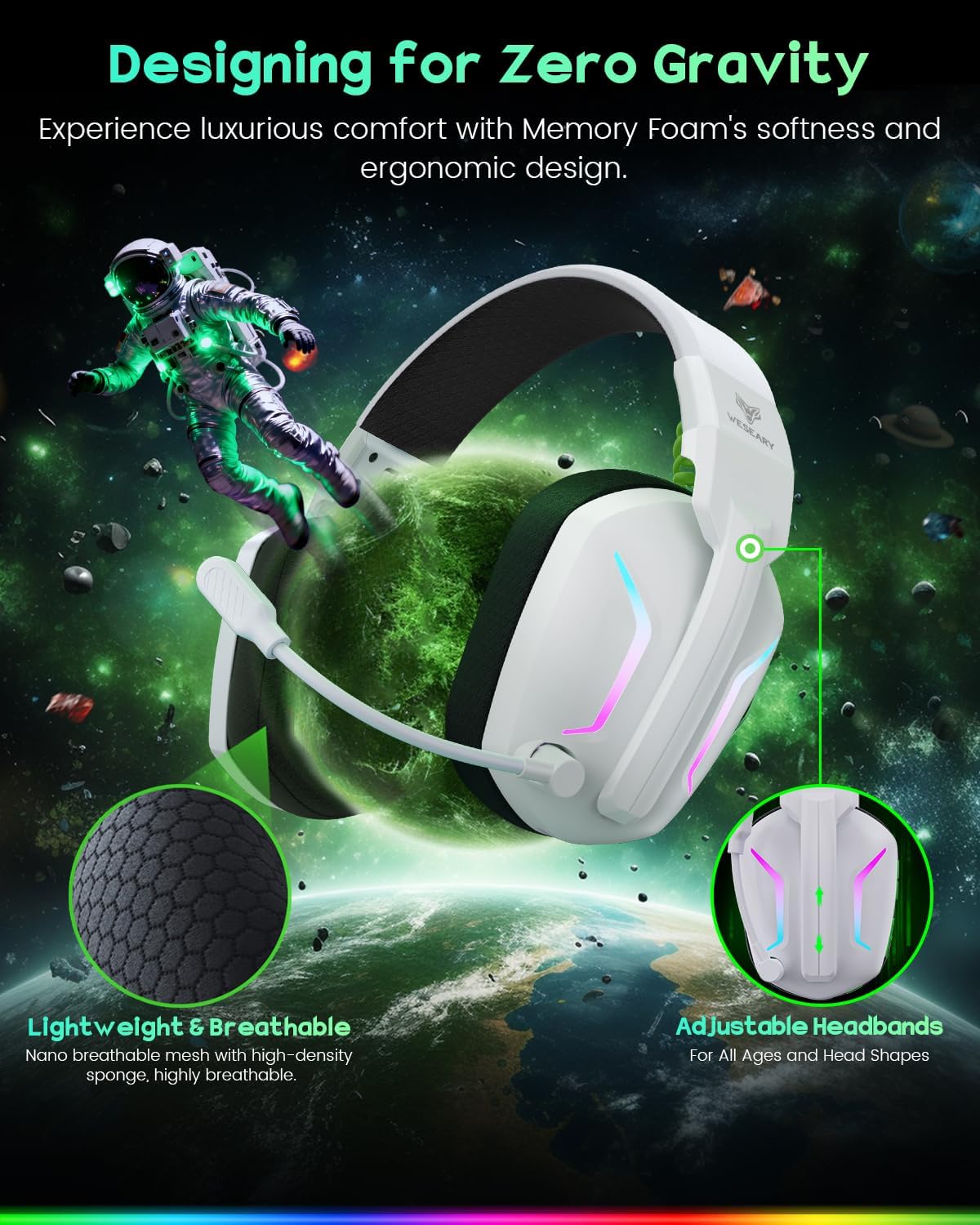 WESEARY Wireless Gaming Headset with Mic for Ps5, Ps4, PC| 3D Spatial Audio | 20ms Ultra-Low Latency, 2.4GHz Bluetooth 5.4 Gaming Headphones, 1200mAH Battery Life for FPS Gamers, White - Image 7