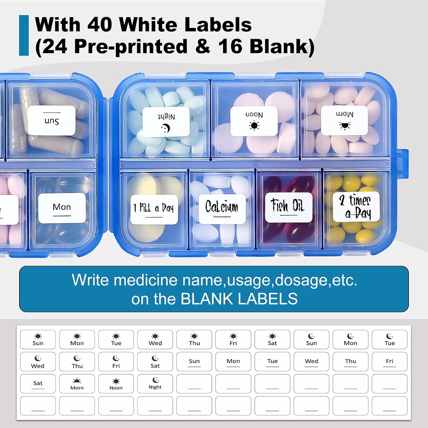 14 GRIDS Travel Pill Organizer Box with Labels - Travel Medicine Case Kit - Pocket Daily Pharmacy Container - Travel Medication Holder Dispenser for Fish Oil Vitamin Supplement Storage - Clear Blue - Image 5