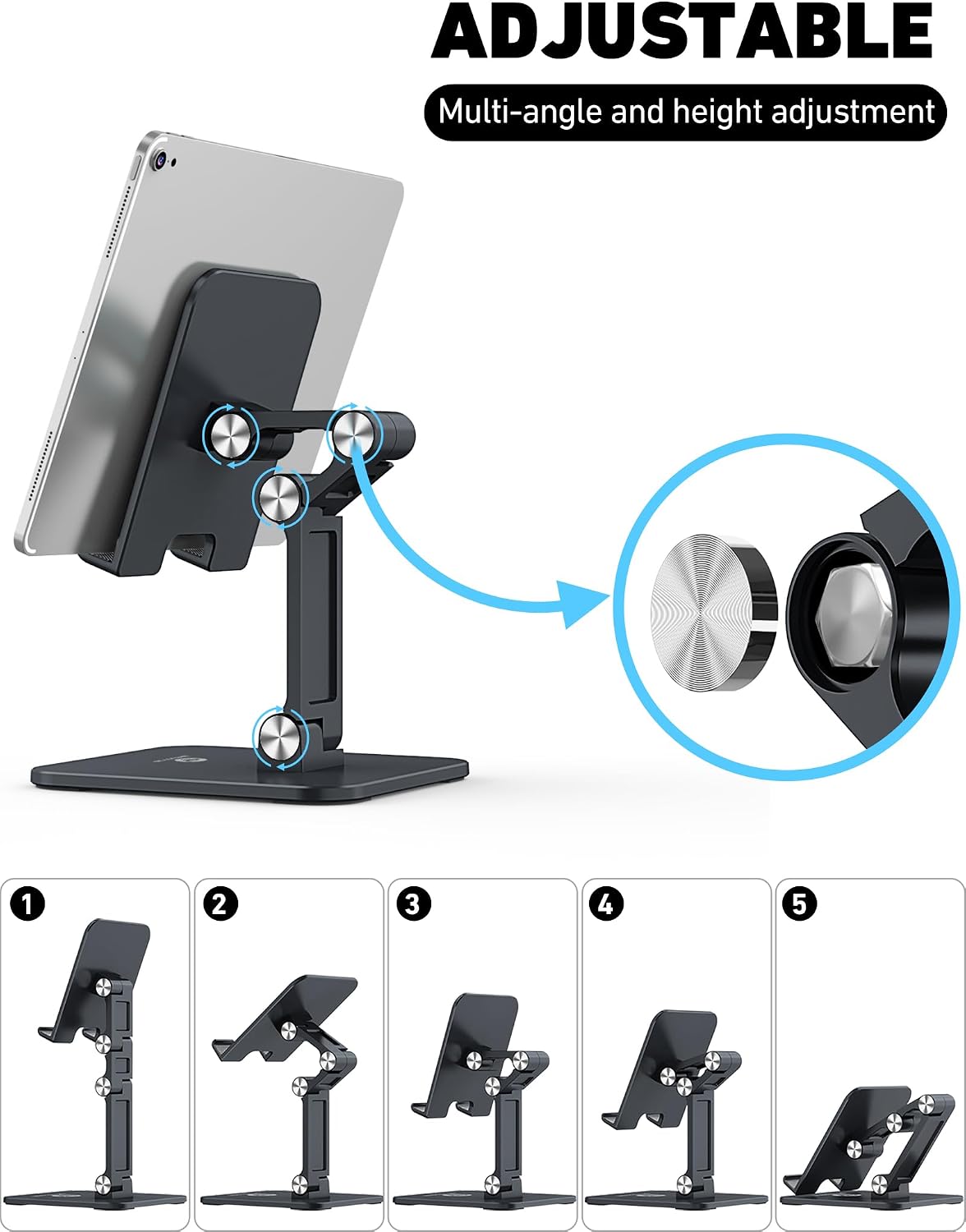 iPad Stand for Desk - Adjustable Foldable Tablet Stand Holder for iPad Accessories Display Stand PC Office Accessories, Black - Image 3