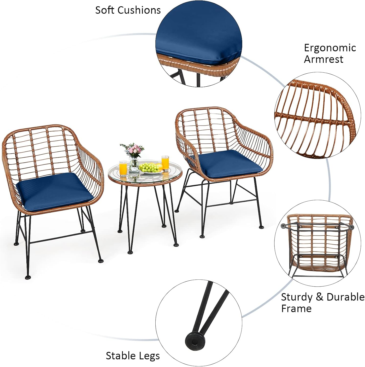 Tangkula 3 Pieces Patio Conversation Bistro Set, Outdoor Wicker Furniture w/Round Tempered Glass Top Table & 2 Rattan Armchairs, Bistro Chat Set w/Seat Cushions for Porch, Backyard, Garden - Image 7