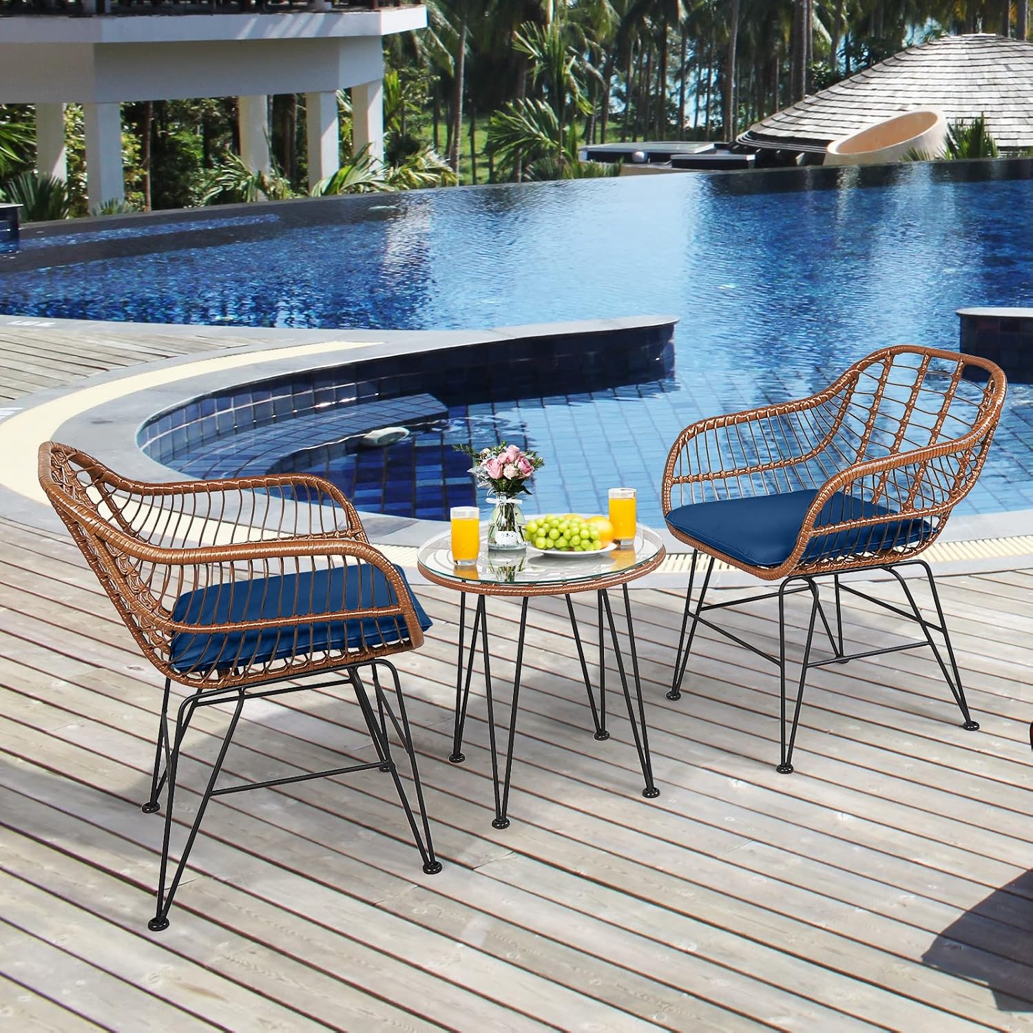 Tangkula 3 Pieces Patio Conversation Bistro Set, Outdoor Wicker Furniture w/Round Tempered Glass Top Table & 2 Rattan Armchairs, Bistro Chat Set w/Seat Cushions for Porch, Backyard, Garden - Image 3