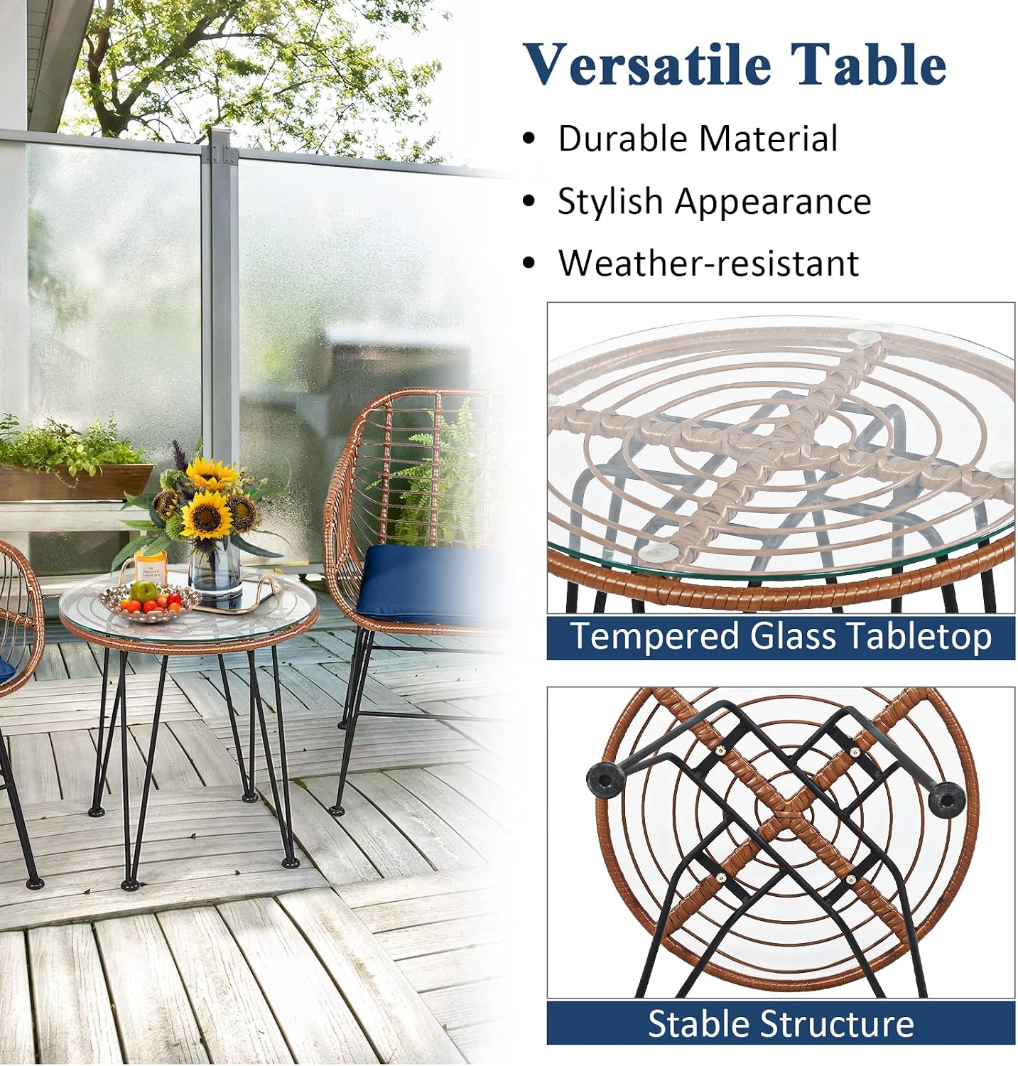 Tangkula 3 Pieces Patio Conversation Bistro Set, Outdoor Wicker Furniture w/Round Tempered Glass Top Table & 2 Rattan Armchairs, Bistro Chat Set w/Seat Cushions for Porch, Backyard, Garden - Image 6