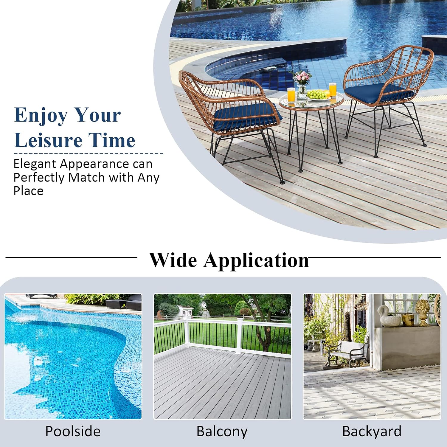 Tangkula 3 Pieces Patio Conversation Bistro Set, Outdoor Wicker Furniture w/Round Tempered Glass Top Table & 2 Rattan Armchairs, Bistro Chat Set w/Seat Cushions for Porch, Backyard, Garden - Image 8
