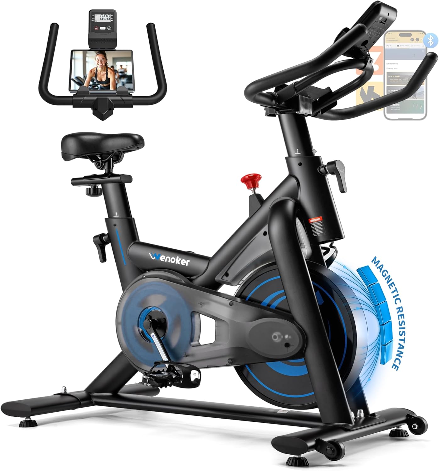 Wenoker Exercise Bike,Adjustable Magnetic Resistance Stationary Bike | 350LB Silent Indoor Bike with App Sync, LCD Monitor & Adjustable Seat for Home Cardio