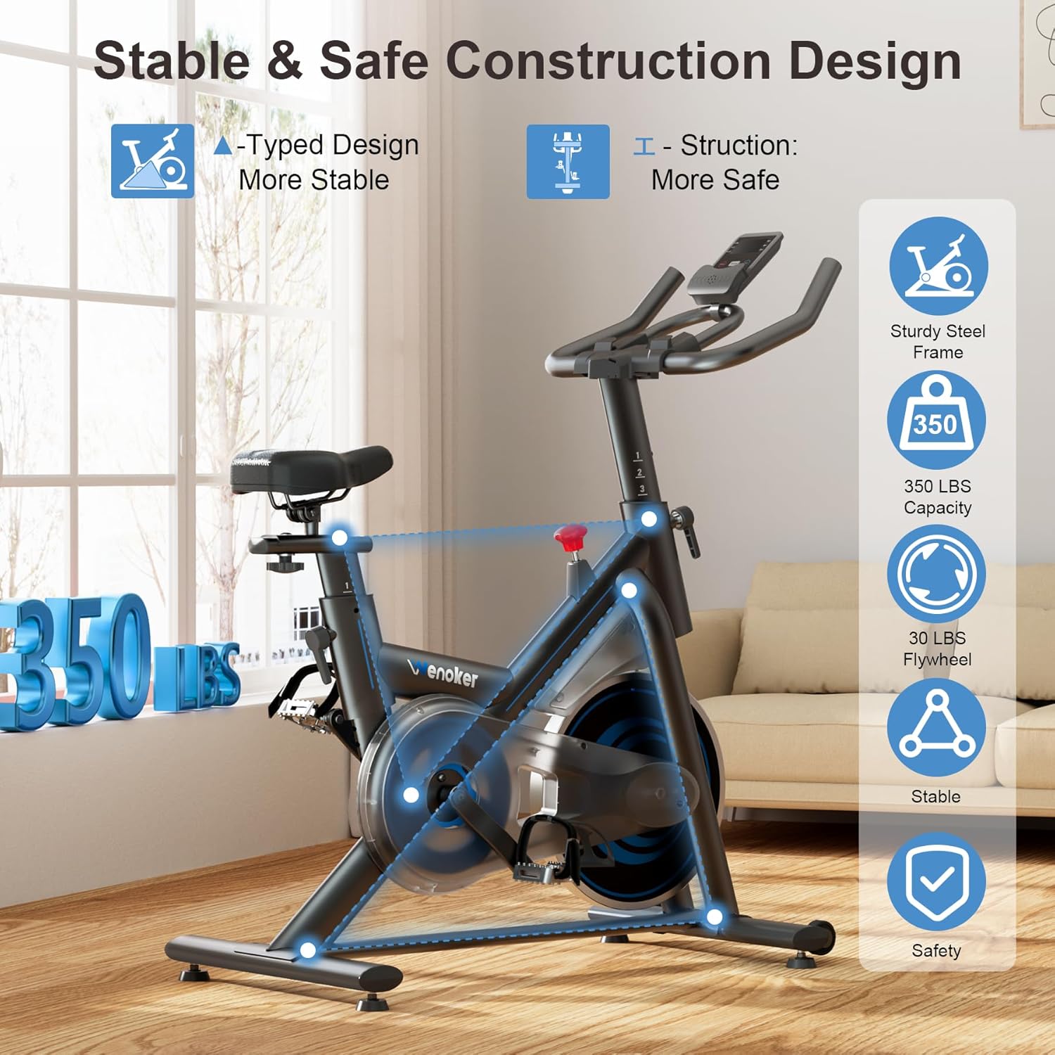Wenoker Exercise Bike,Adjustable Magnetic Resistance Stationary Bike | 350LB Silent Indoor Bike with App Sync, LCD Monitor & Adjustable Seat for Home Cardio - Image 6