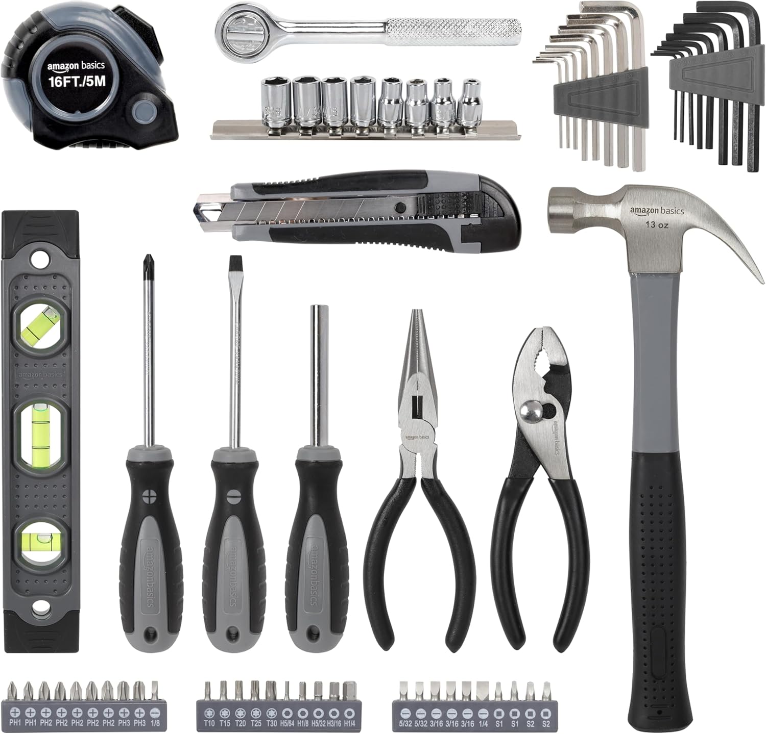 Amazon Basics 65 Piece Home Repair Tool Kit Set With Carrying Bag, Hand Tools, Socket Set, SAE and Metric, Silver, Black - Image 2