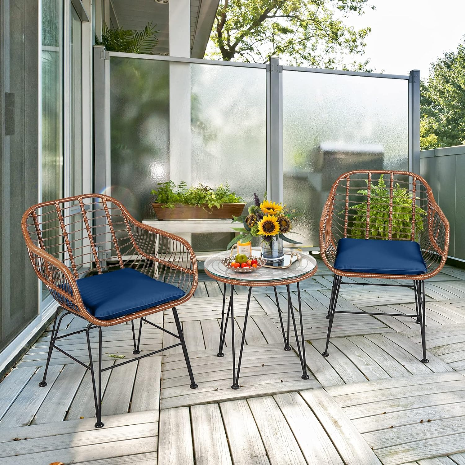 Tangkula 3 Pieces Patio Conversation Bistro Set, Outdoor Wicker Furniture w/Round Tempered Glass Top Table & 2 Rattan Armchairs, Bistro Chat Set w/Seat Cushions for Porch, Backyard, Garden - Image 2