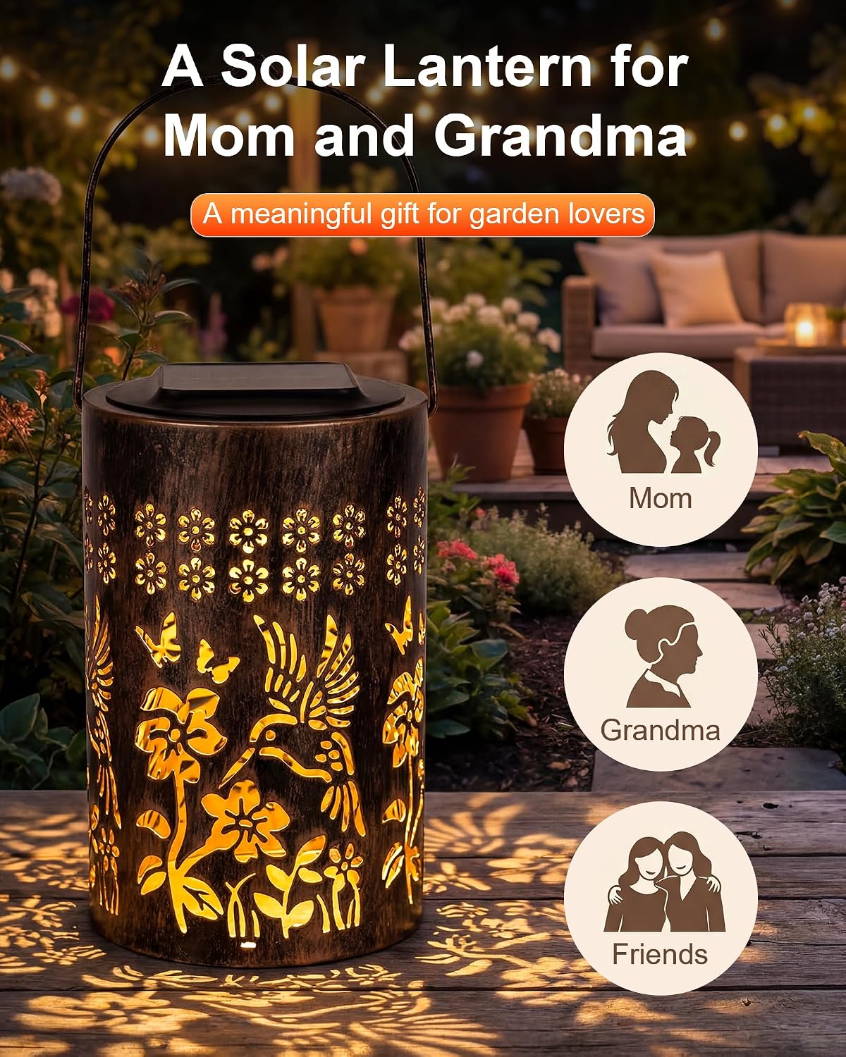 Solar Lanterns Outdoor Waterproof, Mothers Day Gifts for Mom, Hummingbird Garden Decor Gift for Women or Grandma, Hanging or Tabletop Lantern for Patio, Porch and Backyard - Image 3