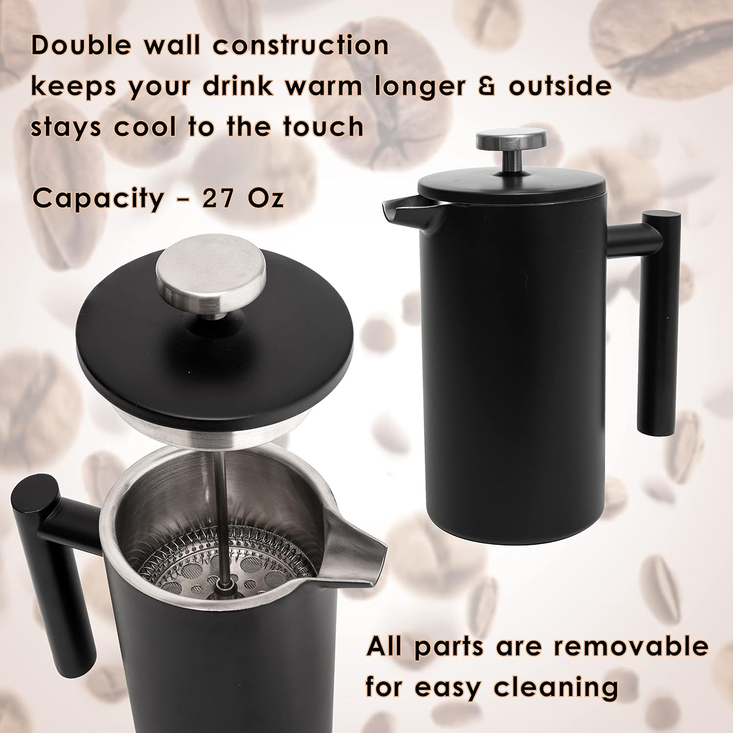 Mixpresso French Press Coffee Maker, 26 Oz Stainless Steel Coffee Press | Double wall insulated stainless steel French Press with durable filter for coffee or loose leaf tea, easy to press and clean - Image 2