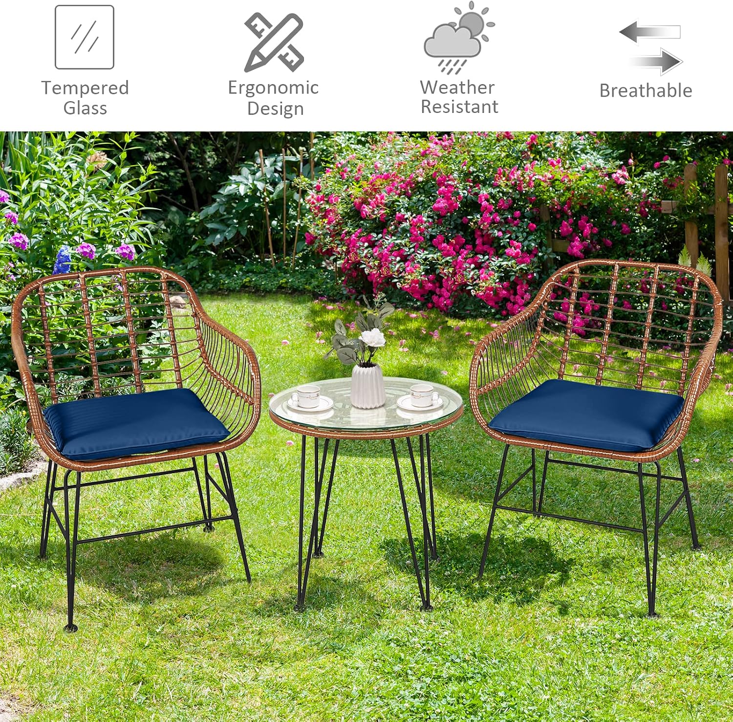 Tangkula 3 Pieces Patio Conversation Bistro Set, Outdoor Wicker Furniture w/Round Tempered Glass Top Table & 2 Rattan Armchairs, Bistro Chat Set w/Seat Cushions for Porch, Backyard, Garden - Image 9