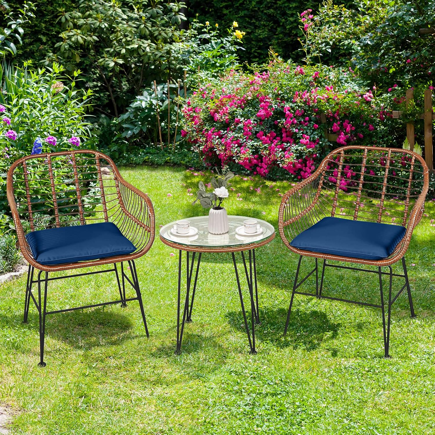 Tangkula 3 Pieces Patio Conversation Bistro Set, Outdoor Wicker Furniture w/Round Tempered Glass Top Table & 2 Rattan Armchairs, Bistro Chat Set w/Seat Cushions for Porch, Backyard, Garden - Image 4