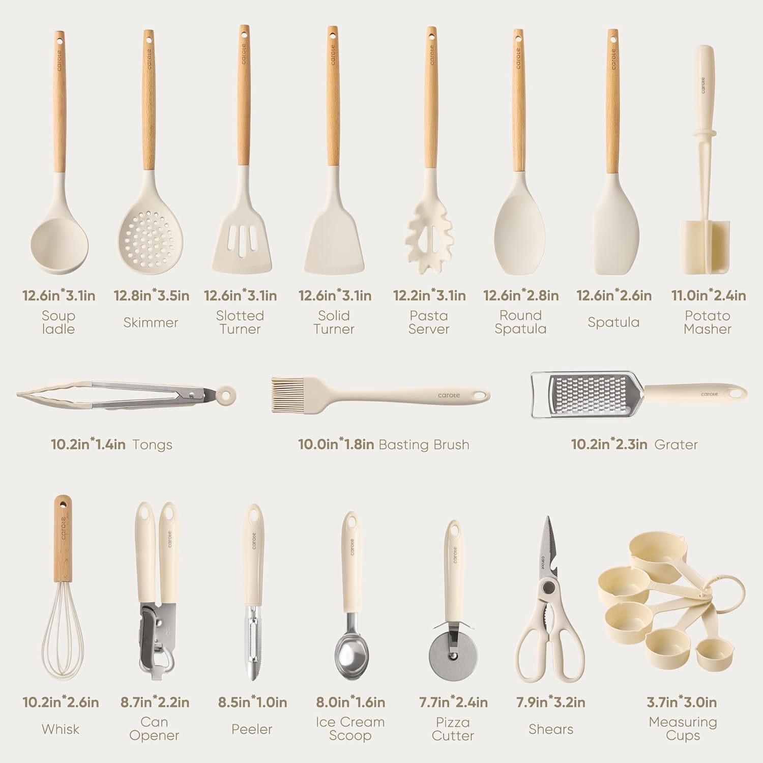 CAROTE 22-Piece Cooking Utensils Set with Wood Cool-Touch Handles, Cream - Image 2