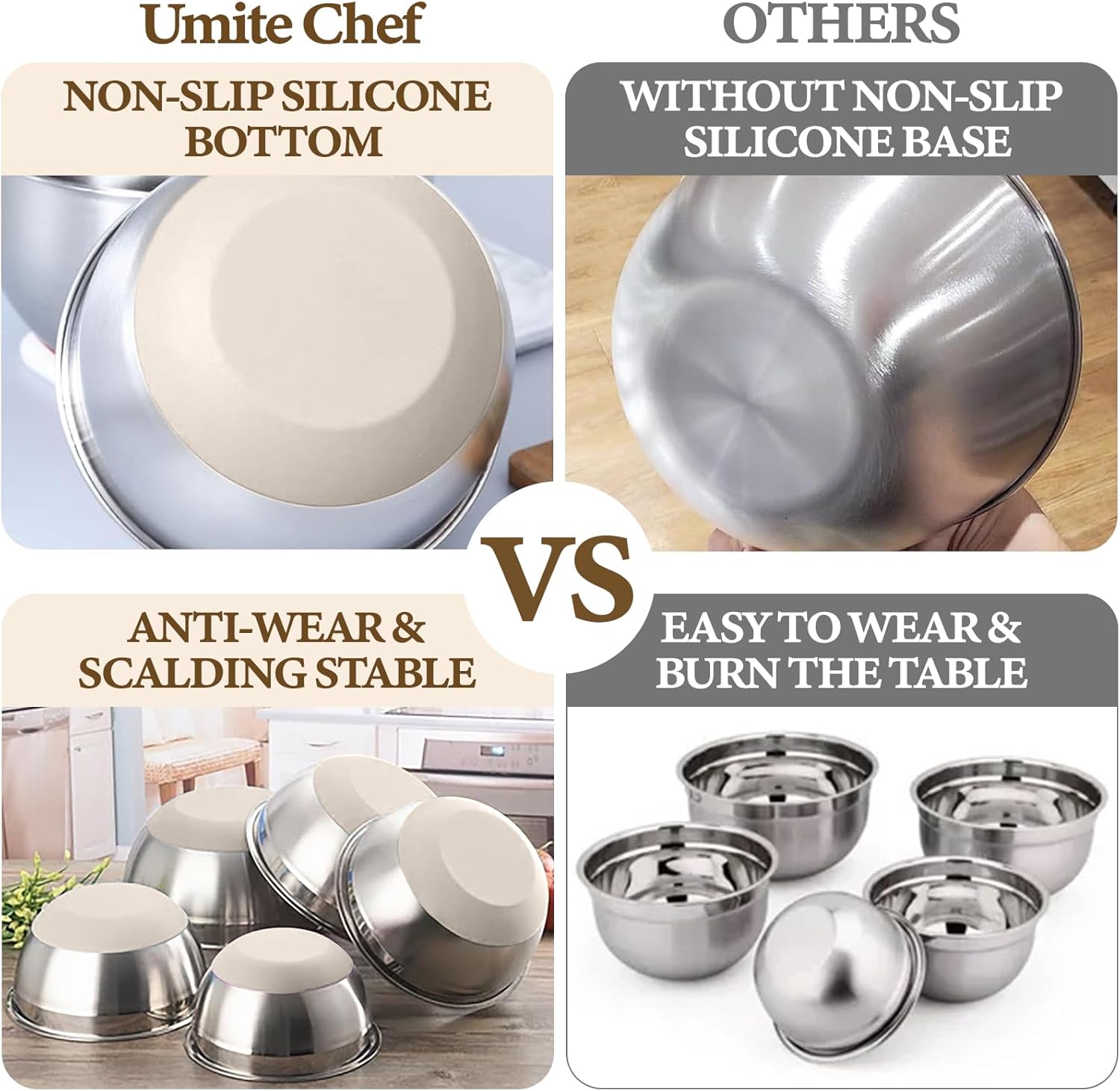Umite Chef Mixing Bowls with Airtight Lids Set, 8PCS Stainless Steel Nesting Bowls with Grater Attachments, Non-Slip Bottoms, 5, 4, 3.5, 2, 1.5QT for Mixing & Serving - Image 4