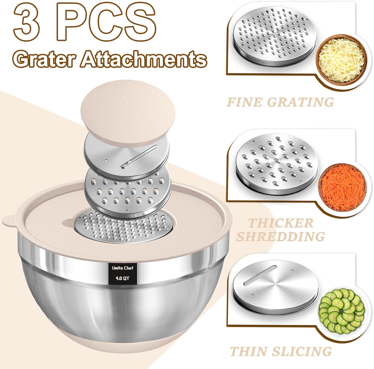 Umite Chef Mixing Bowls with Airtight Lids Set, 8PCS Stainless Steel Nesting Bowls with Grater Attachments, Non-Slip Bottoms, 5, 4, 3.5, 2, 1.5QT for Mixing & Serving - Image 3