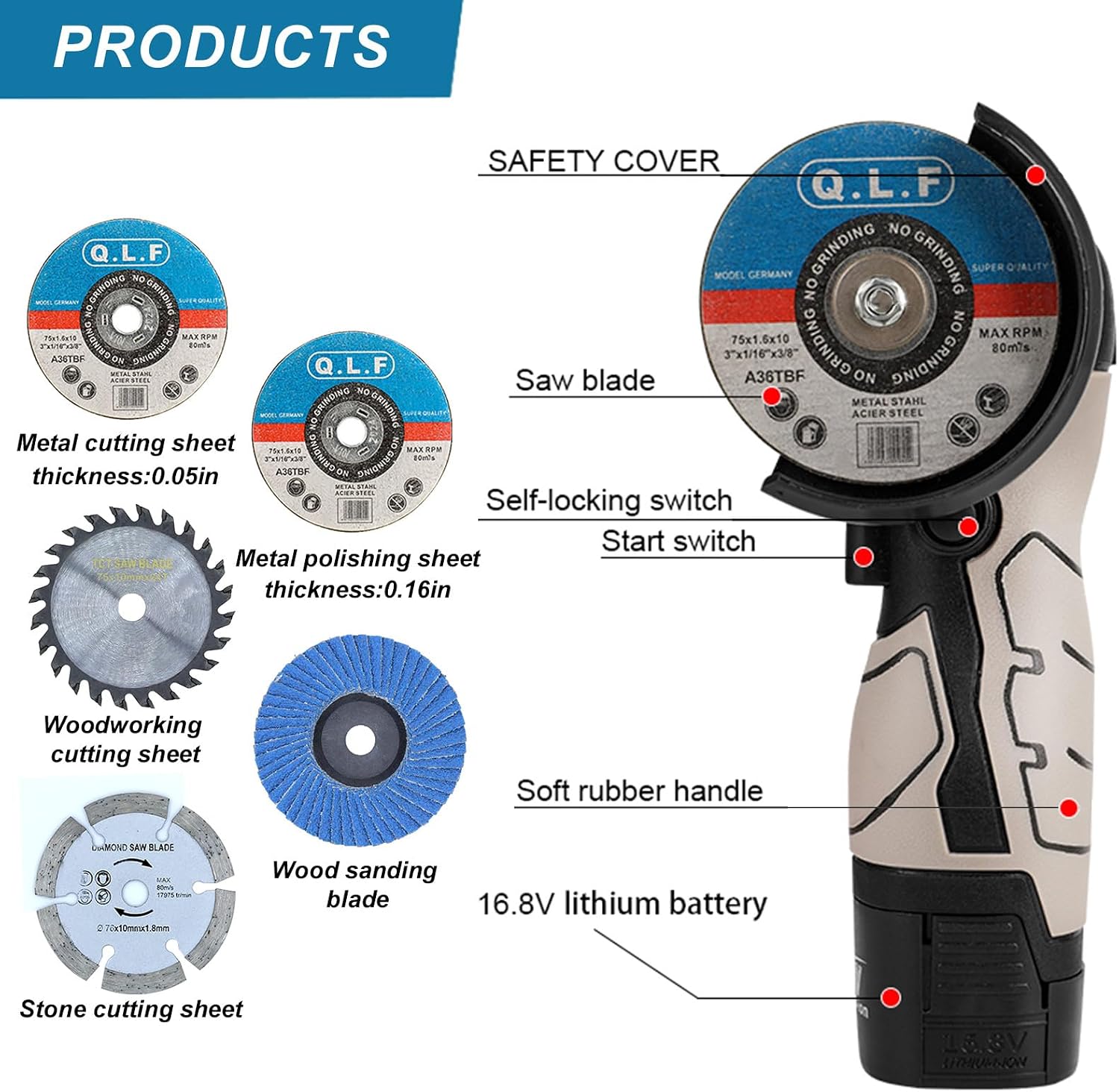 ZFULVO Cordless Brush Angle Grinder Kit, 19500rpm Mini Electric Angle Grinding Tool with 2pcs 16.8V 2000mAh Batteries and 6-Cutting Discs, Grinder Handheld Cutter for Metal Wood - Image 4