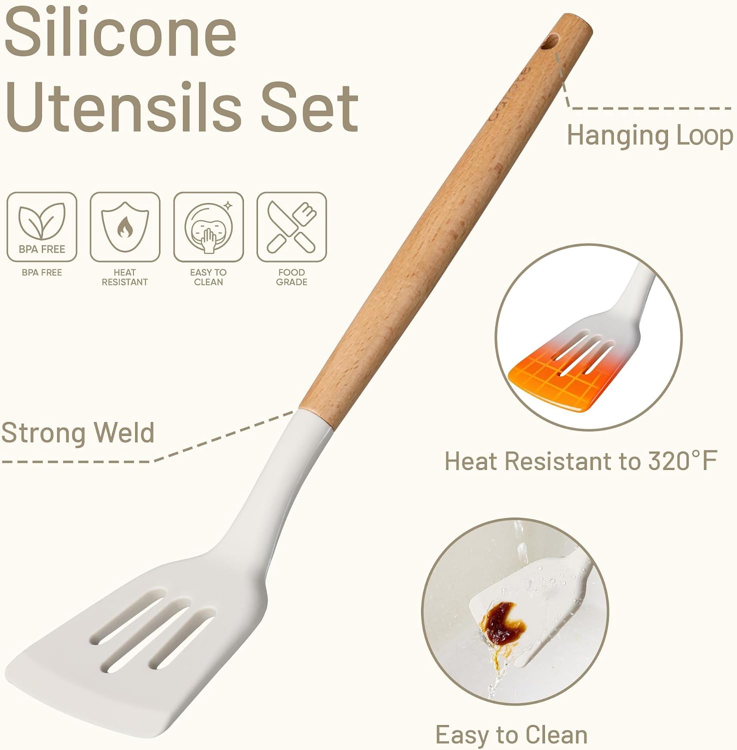 CAROTE 22-Piece Cooking Utensils Set with Wood Cool-Touch Handles, Cream - Image 3