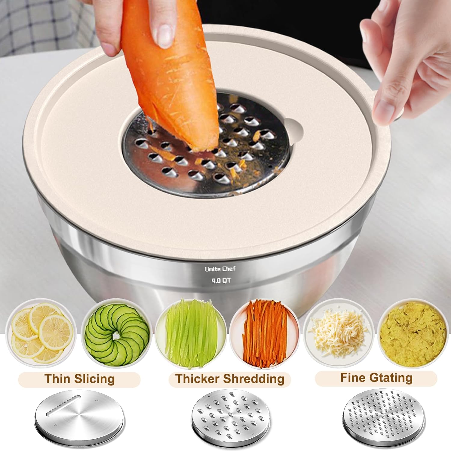 Umite Chef Mixing Bowls with Airtight Lids Set, 8PCS Stainless Steel Nesting Bowls with Grater Attachments, Non-Slip Bottoms, 5, 4, 3.5, 2, 1.5QT for Mixing & Serving - Image 8