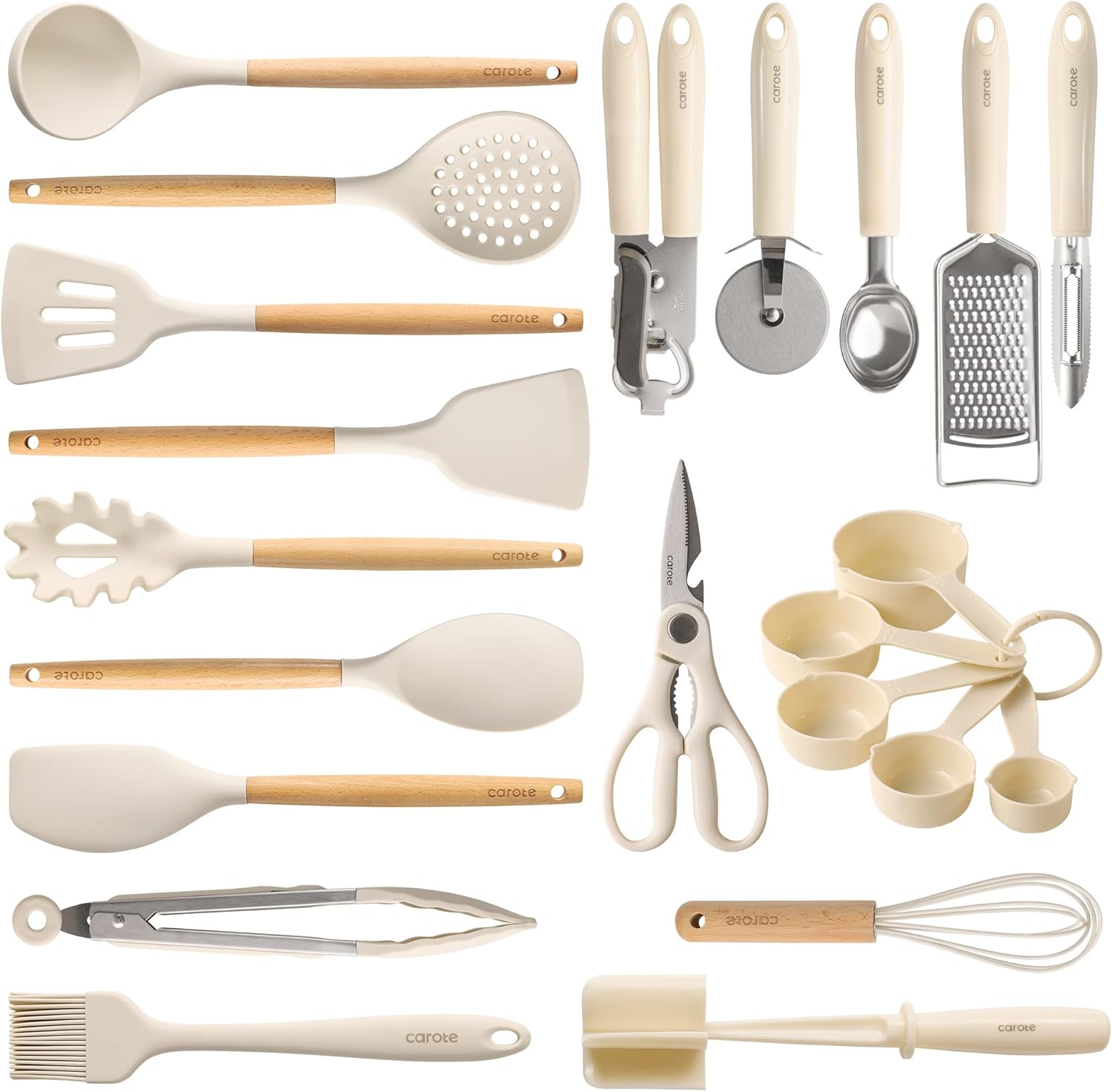 CAROTE 22-Piece Cooking Utensils Set with Wood Cool-Touch Handles, Cream