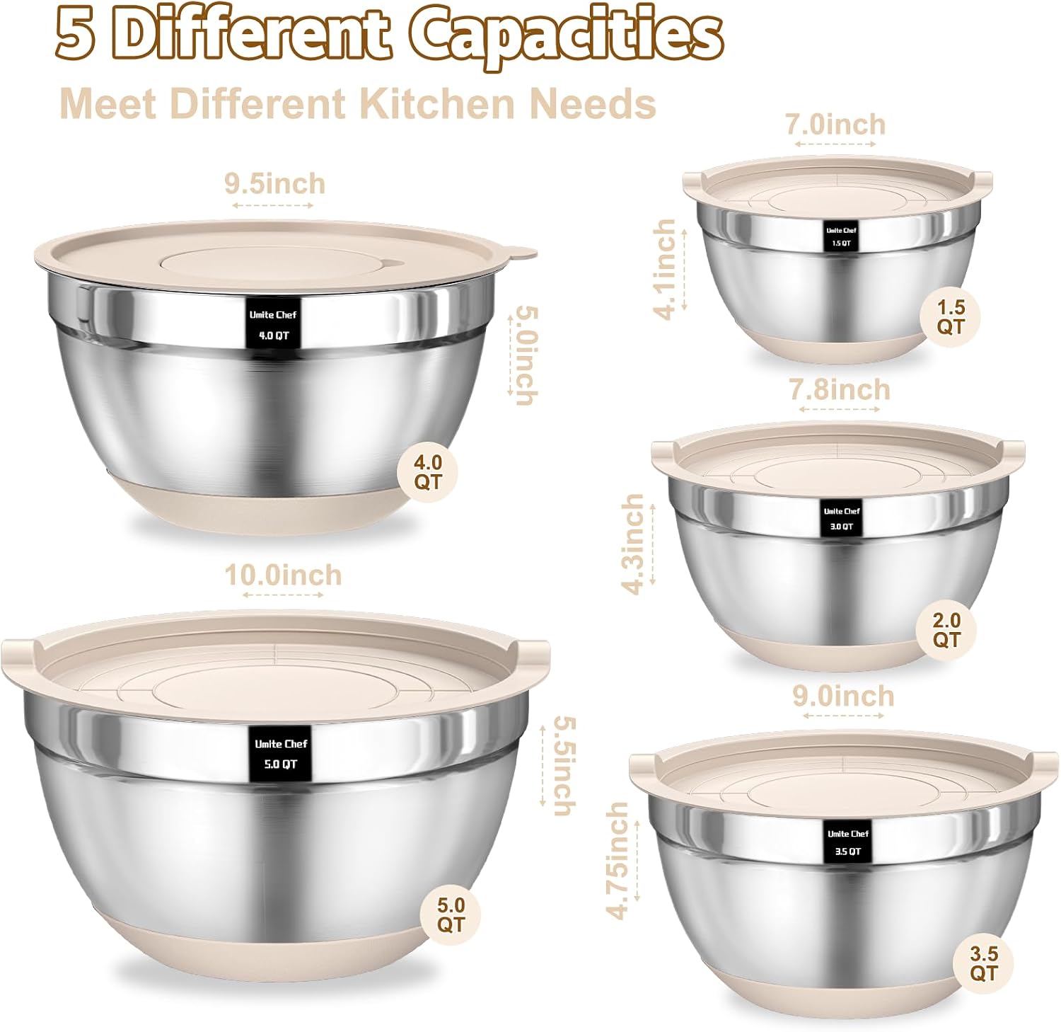 Umite Chef Mixing Bowls with Airtight Lids Set, 8PCS Stainless Steel Nesting Bowls with Grater Attachments, Non-Slip Bottoms, 5, 4, 3.5, 2, 1.5QT for Mixing & Serving - Image 2
