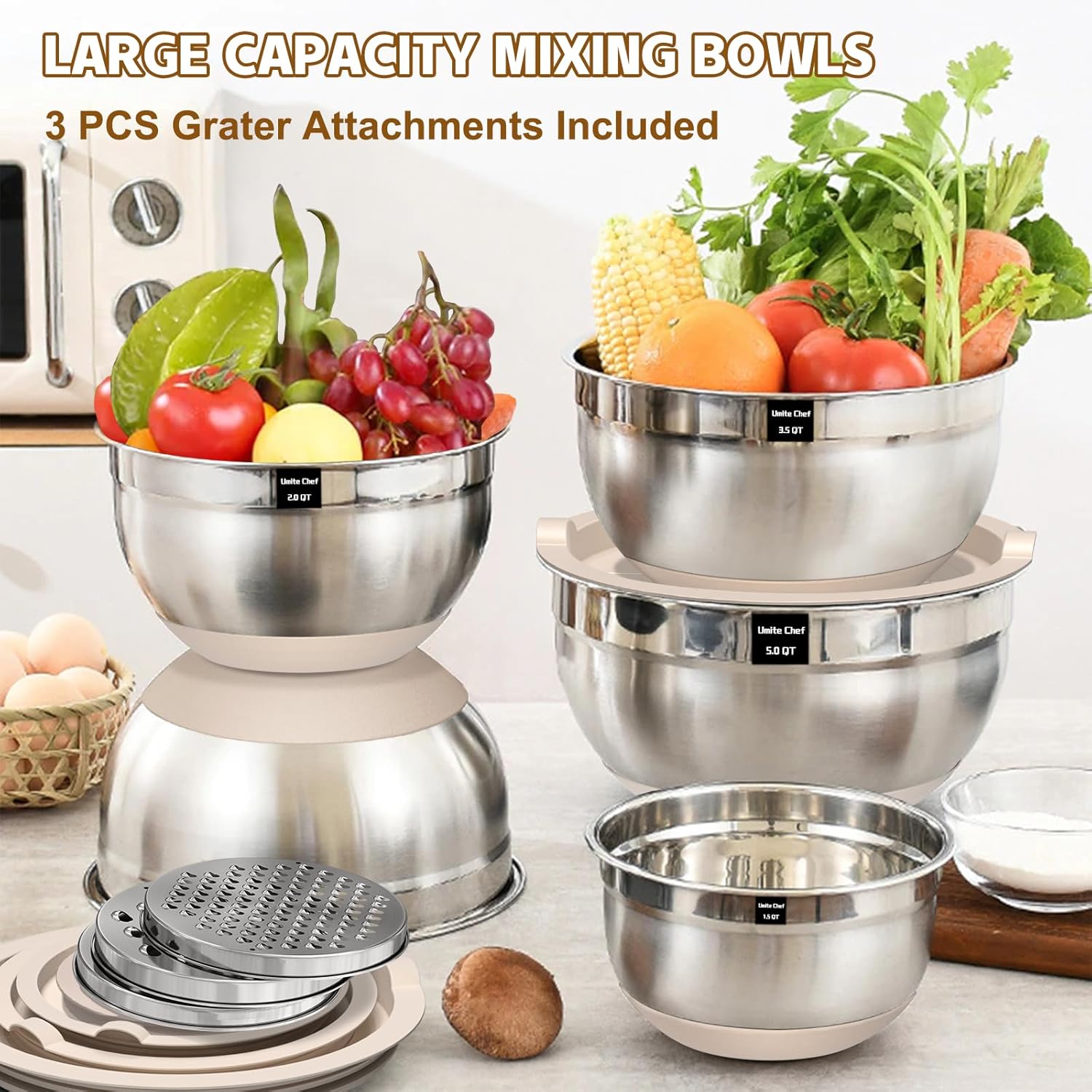 Umite Chef Mixing Bowls with Airtight Lids Set, 8PCS Stainless Steel Nesting Bowls with Grater Attachments, Non-Slip Bottoms, 5, 4, 3.5, 2, 1.5QT for Mixing & Serving - Image 5