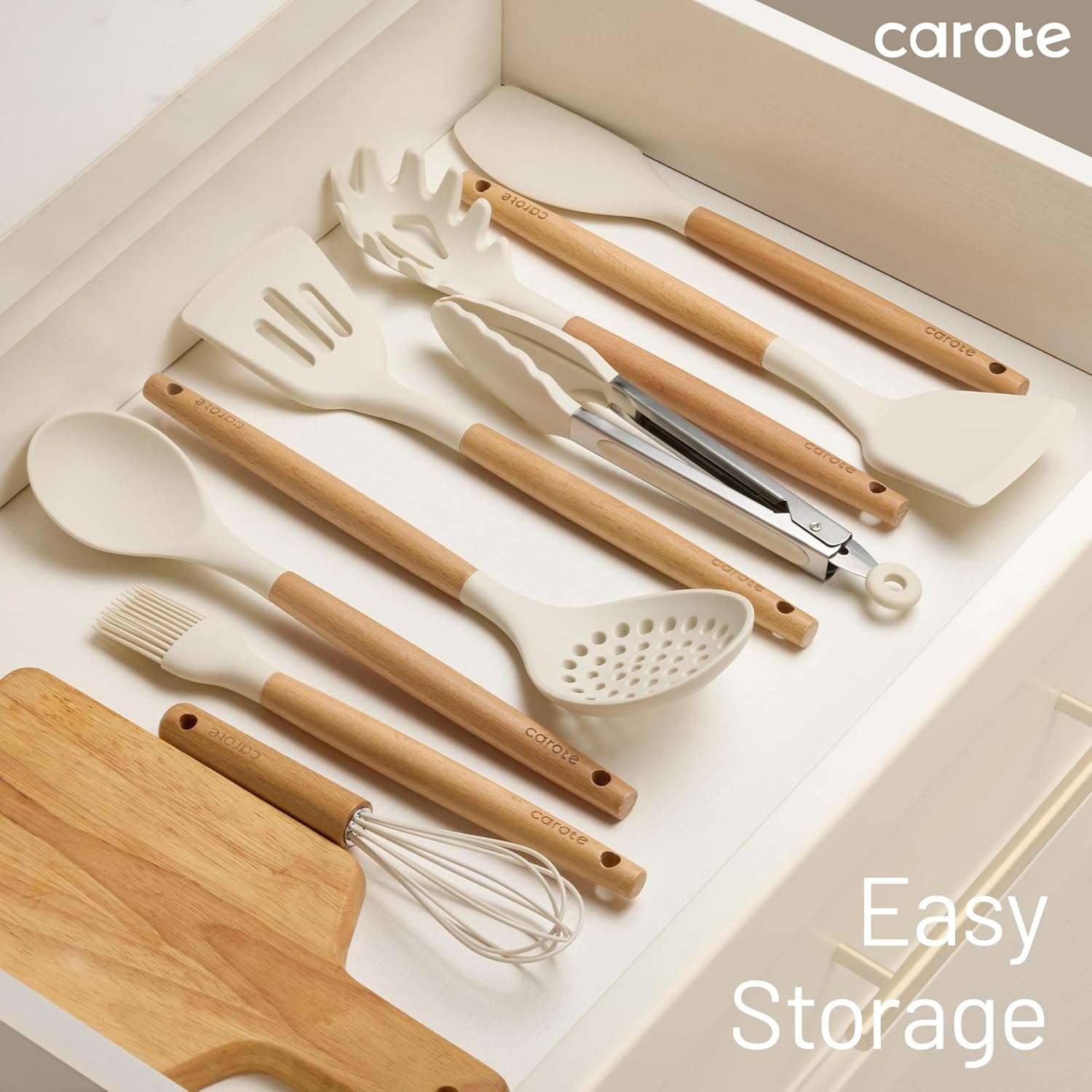 CAROTE 22-Piece Cooking Utensils Set with Wood Cool-Touch Handles, Cream - Image 9