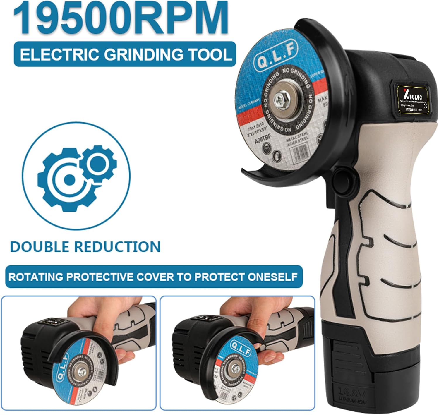 ZFULVO Cordless Brush Angle Grinder Kit, 19500rpm Mini Electric Angle Grinding Tool with 2pcs 16.8V 2000mAh Batteries and 6-Cutting Discs, Grinder Handheld Cutter for Metal Wood - Image 3