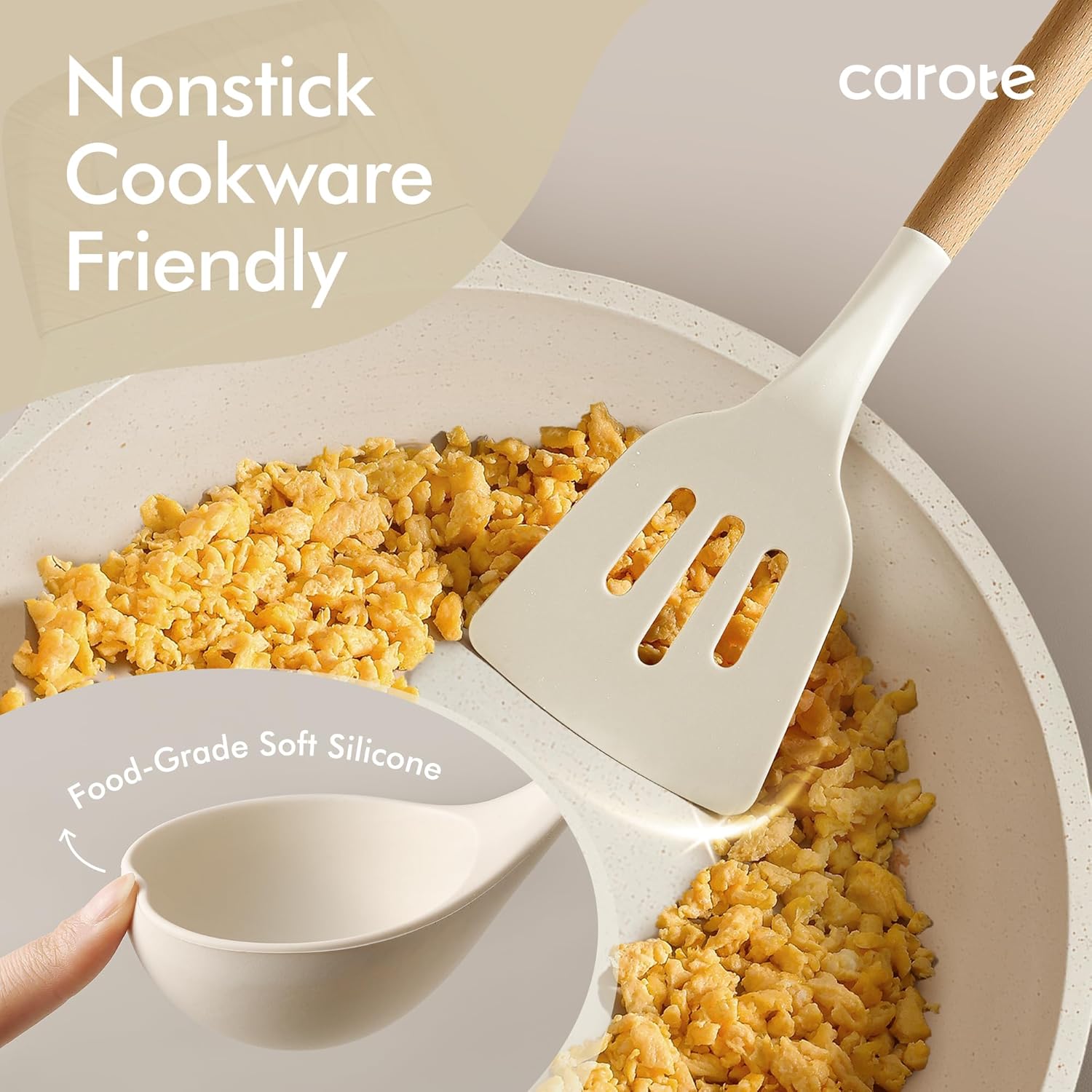 CAROTE 22-Piece Cooking Utensils Set with Wood Cool-Touch Handles, Cream - Image 4