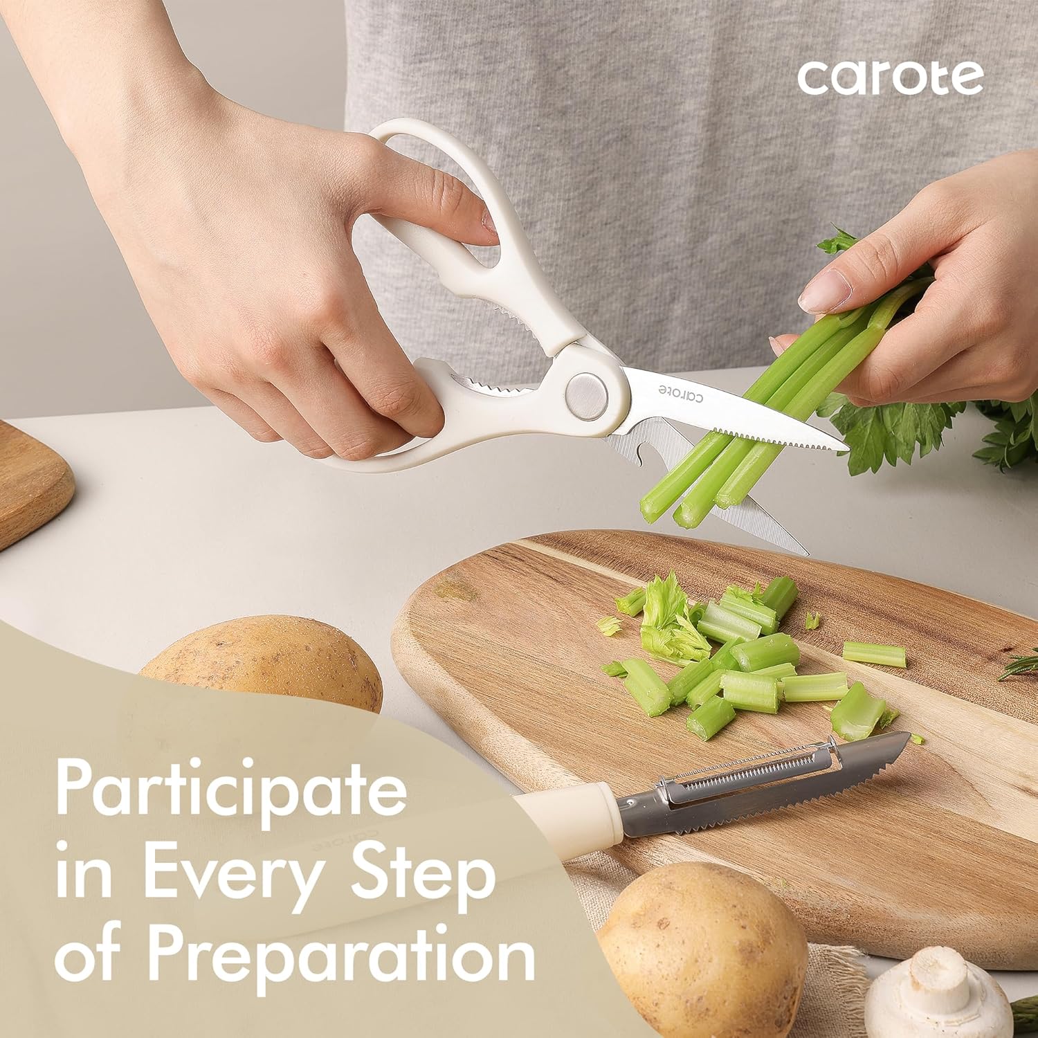 CAROTE 22-Piece Cooking Utensils Set with Wood Cool-Touch Handles, Cream - Image 6